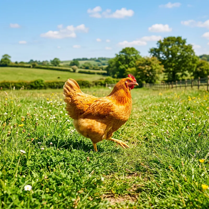 Golden Hen in Sunlit Green Field | Una Picha