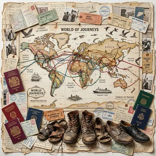 Intricate Migration and Travel Collage with World Map and Symbolic Elements