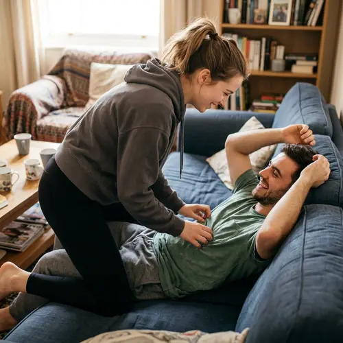 Girl in Tight Black Pants Tickling Man