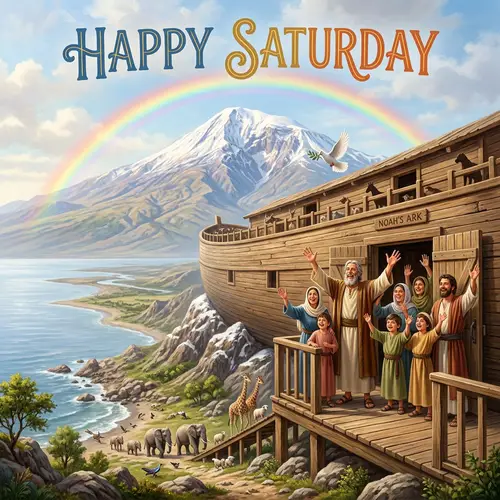Happy Saturday: Noah Arrives at Mount Ararat with the Ark | Covenant Scene