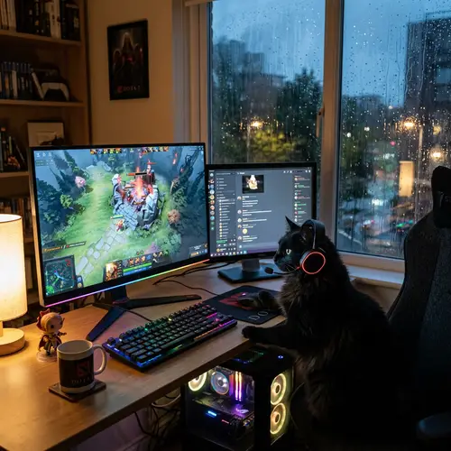 Black Cat Playing Dota 2 - Relaxing Evening Scene