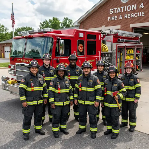 Diverse Firefighter Crew with Fire Truck | Team Photo