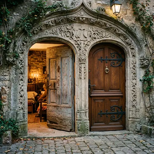 Eloquent Closed Wooden Door & Faded Open Door Scene