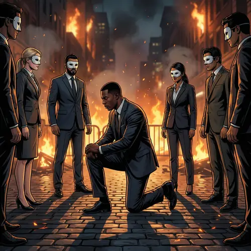 Dramatic Night Scene: Man in Suit Kneeling on Fire Street