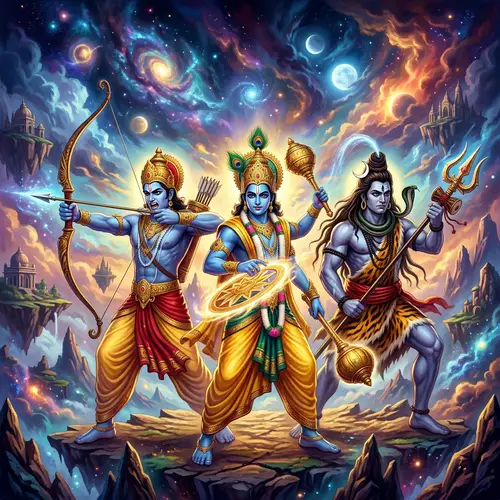 Divine Figures in Mythological Battle - Lord Ram, Krishna, and Mahadev