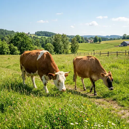 Simental and Jersey Cows Grazing in Lush Meadow
