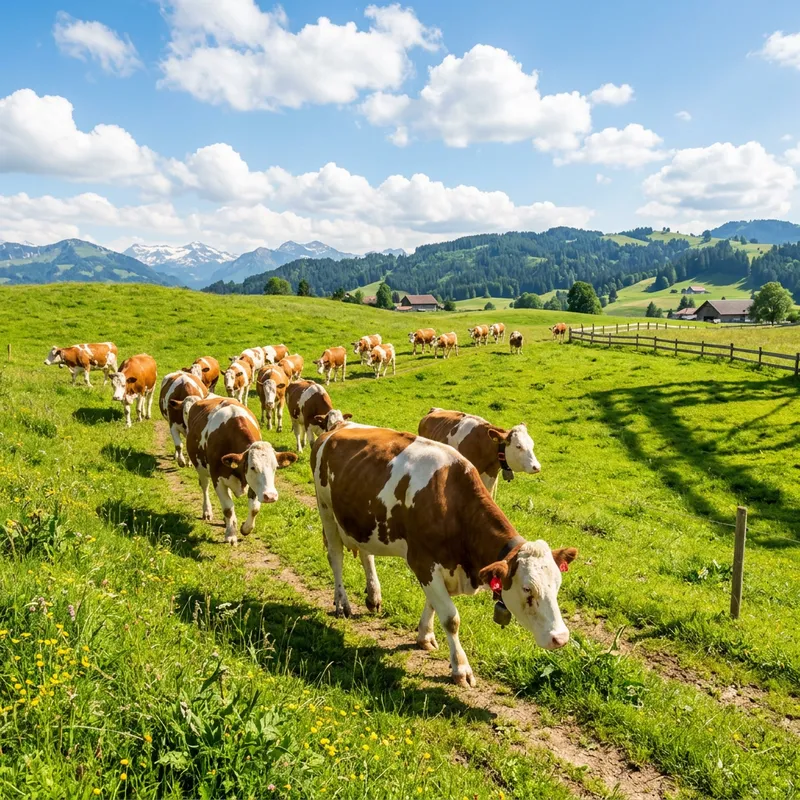 Brown-White Simmental Cows Grazing on a Bright Meadow