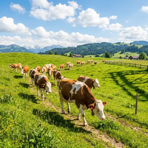 Serene Simmental Cows Grazing in Verdant Meadow