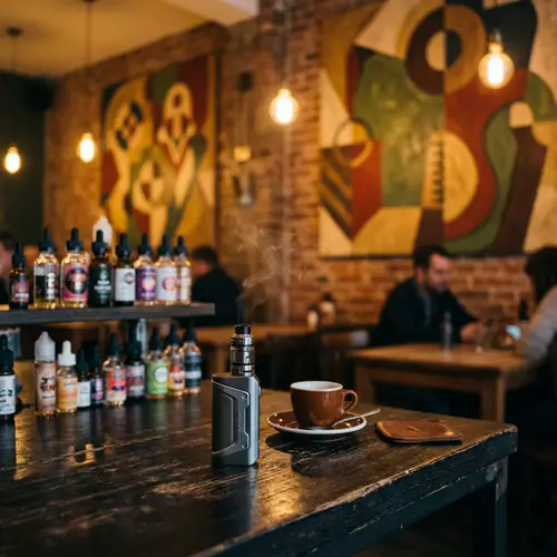 Sleek Vape Pen on Wooden Table - Vaping Scene in Cozy Cafe