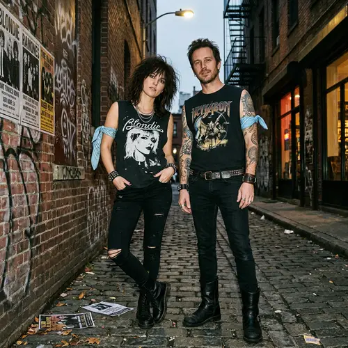 Rock Style Couple: Black Outfits with Light Blue Scarves