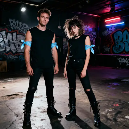 Rock Style Couple: Black Outfits with Light Blue Scarves