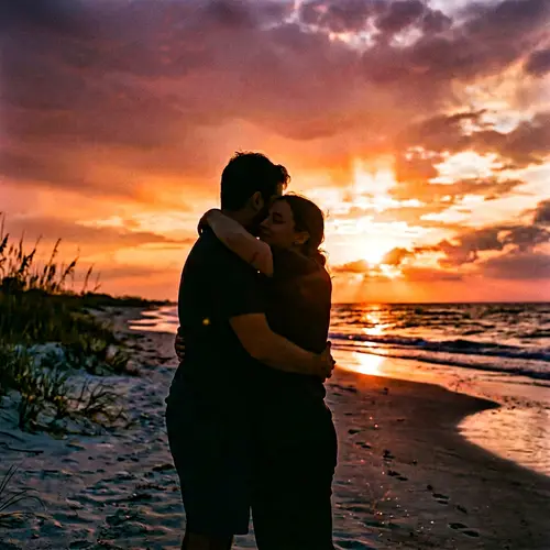 Warm Silhouette Embrace at Sunset | Tranquil Scene of Love