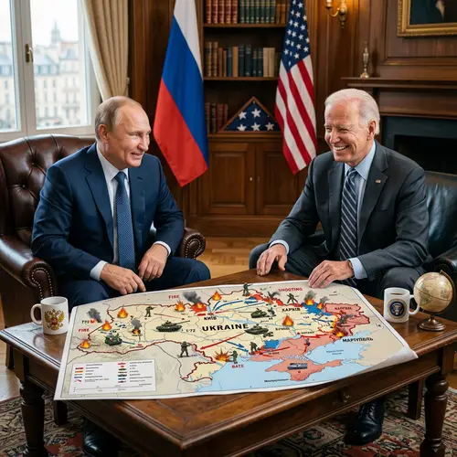 Putin and Biden Smiling, Map of Ukraine with War Imagery