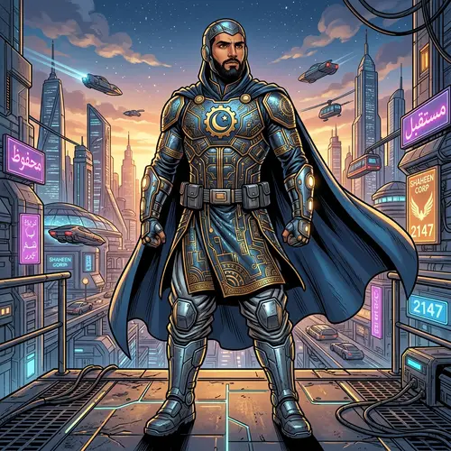 Muslim Superhero in Advanced Metallic Suit | Futuristic Background