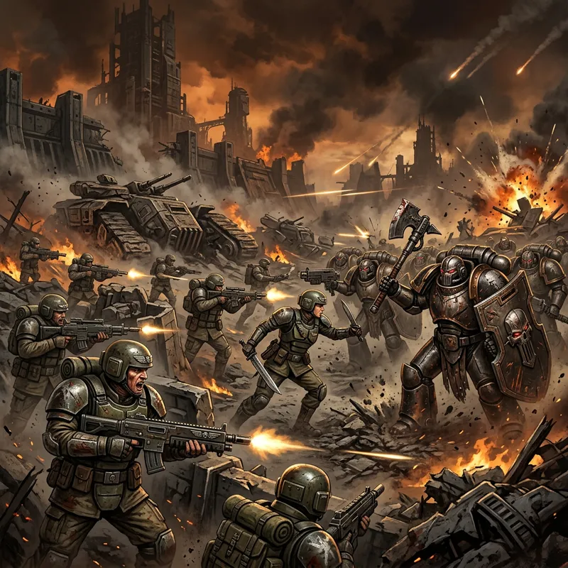 Epic Warhammer 40K Astra Militarum vs Iron Warriors Battle Epic Warhammer 40K Astra Militarum vs Iron Warriors Battle