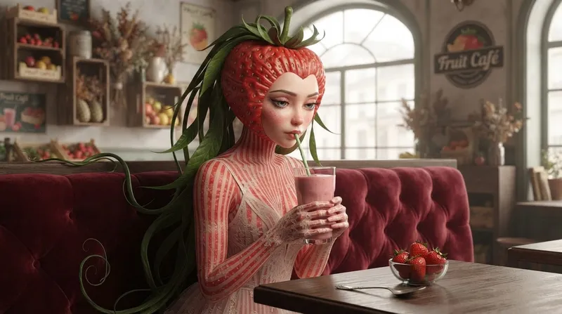 Strawberry Woman in Cozy Café – Comic Art Strawberry Woman in Cozy Café – Comic Art