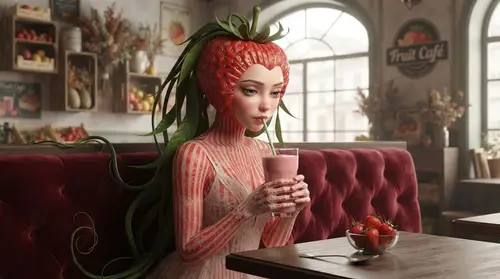 Strawberry Woman in Cozy Café – Comic Art