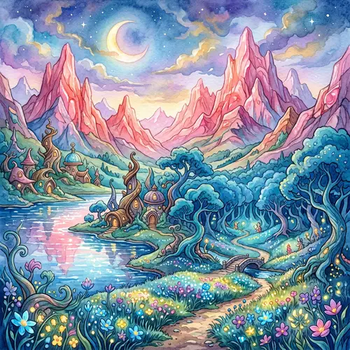 Whimsical Watercolor Fantasy Landscape Painting