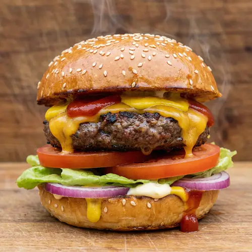 Delicious Grilled Beef Burger with Melted Cheddar Cheese