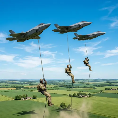 Three Fighter Jets Dropping Men in a Green Field