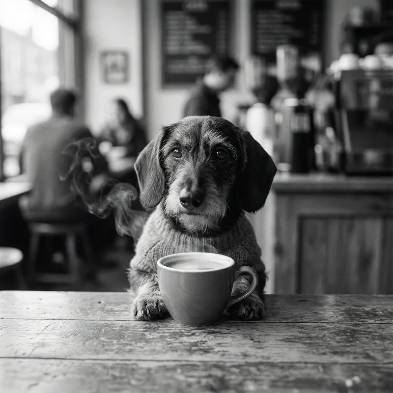 Dachshund with Coffee: Adorable Black & White Photo