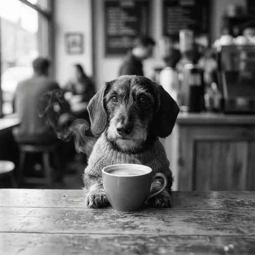 Dachshund with Coffee: Adorable Black & White Photo
