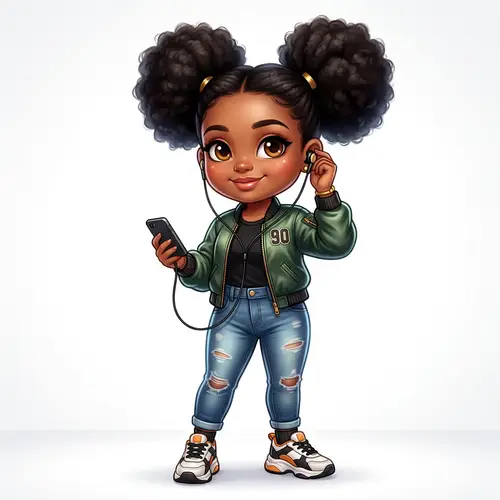 Airbrush Cartoon Chibi African American Woman with Afro Puffs