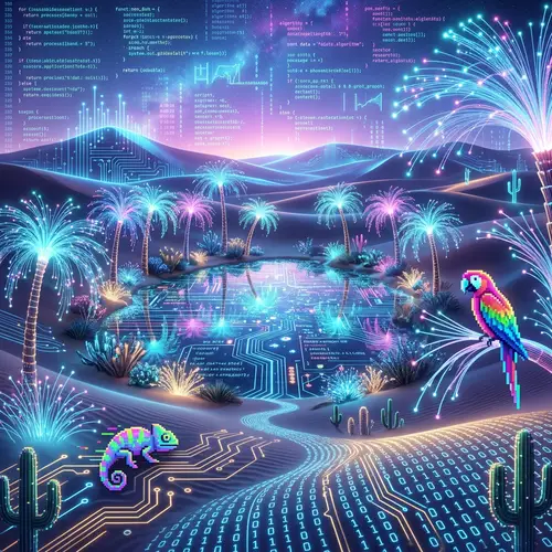 Digital Oasis: Serene Desert Landscape & Binary Code Glow