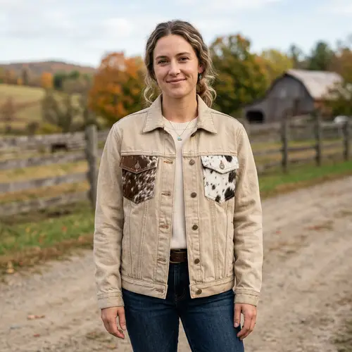 Beige Denim Jacket with Cow Hind Detail
