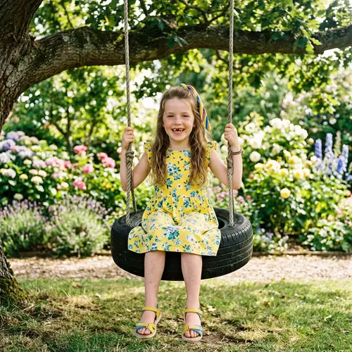 Cheery 8-Year-Old Caucasian Girl Portrait in Bright Yellow Summer Dress
