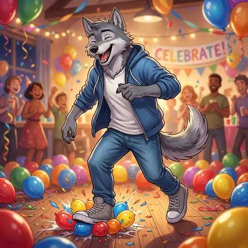 Cute Gray Wolf Stomping Balloons in Stylish Outfit | Anime Style