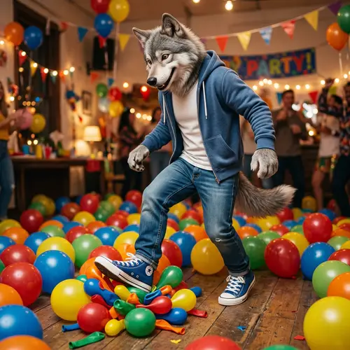 Realistic and Cute Furry Wolf Stepping on Balloons