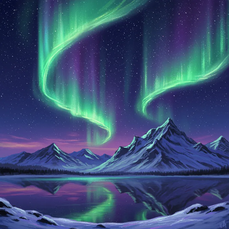Ethereal Northern Lights Over Snowy Mountains Ethereal Northern Lights Over Snowy Mountains