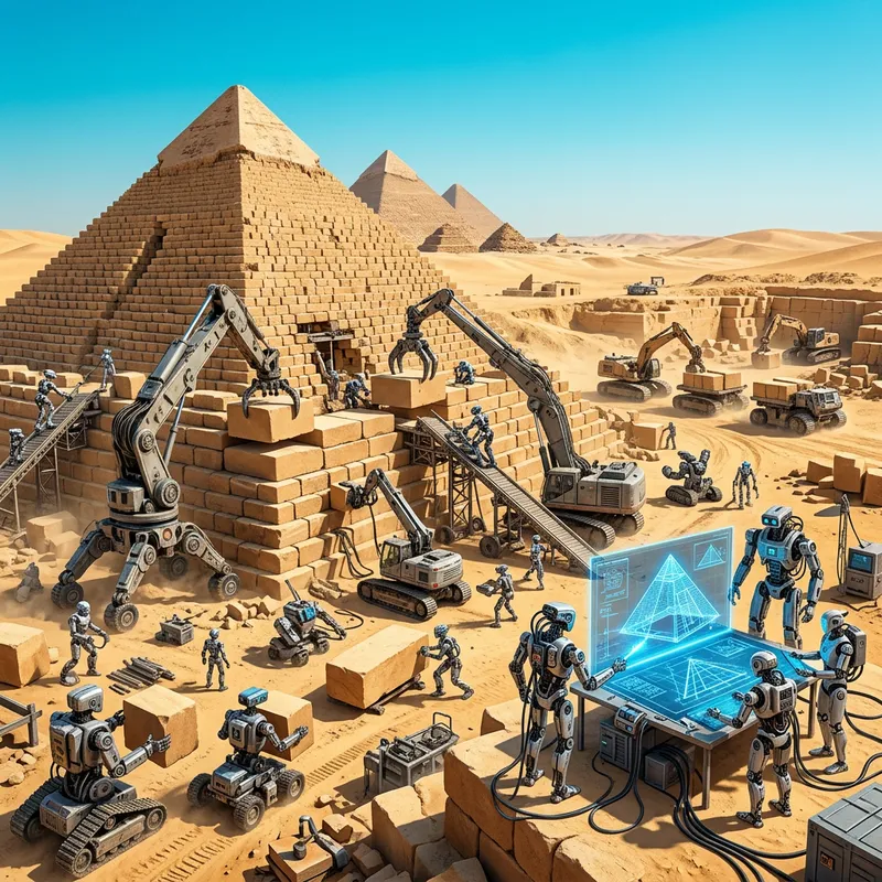 Robots Constructing Ancient Pyramids