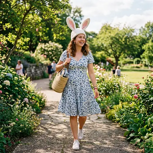 Woman in Bunny Hat and Summer Dress