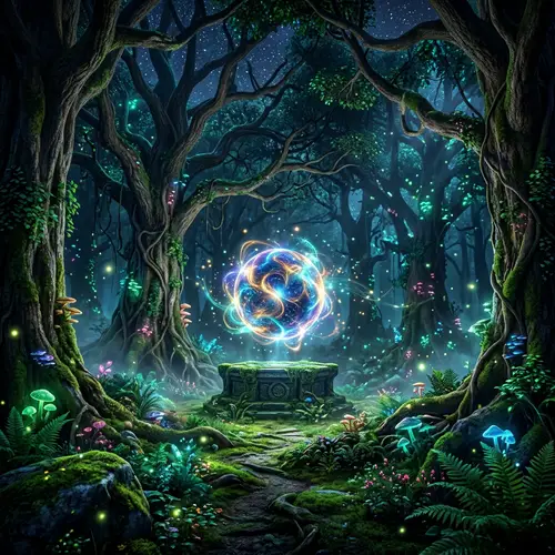 Mystical Forest with Glowing Orb - Vibrant Hues & Ethereal Lighting
