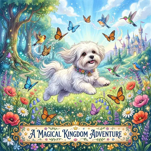Whimsical White Lhasa Apso Dog in Magical Garden