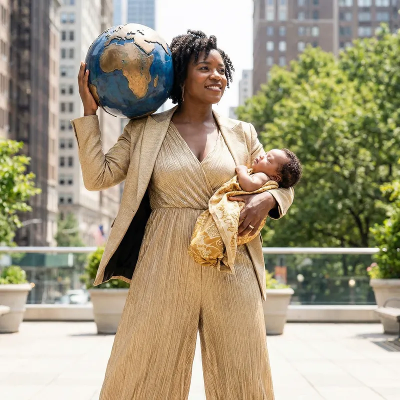 Empowering Black Woman in Gold Modern Outfit with World and Baby Empowering Black Woman in Gold Modern Outfit with World and Baby