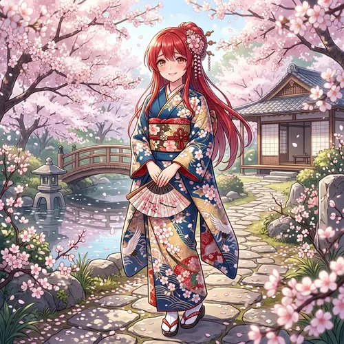 Elegant Anime Character with Vibrant Red Hair in Traditional Kimono