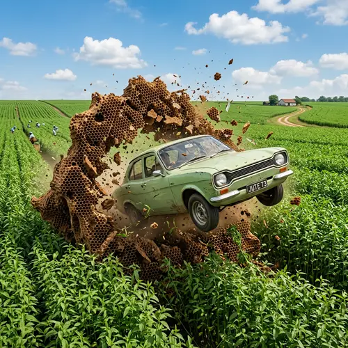 Green Car Emerging from Brown Honeycomb Structure