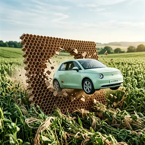 Elegant Light Green Car Bursting Through Brown Honeycomb Board