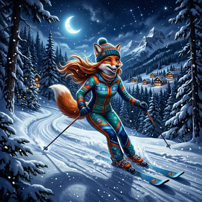 Charming Female Fox with Long Hair Skiing in Snow | Whimsical Fantasy Art