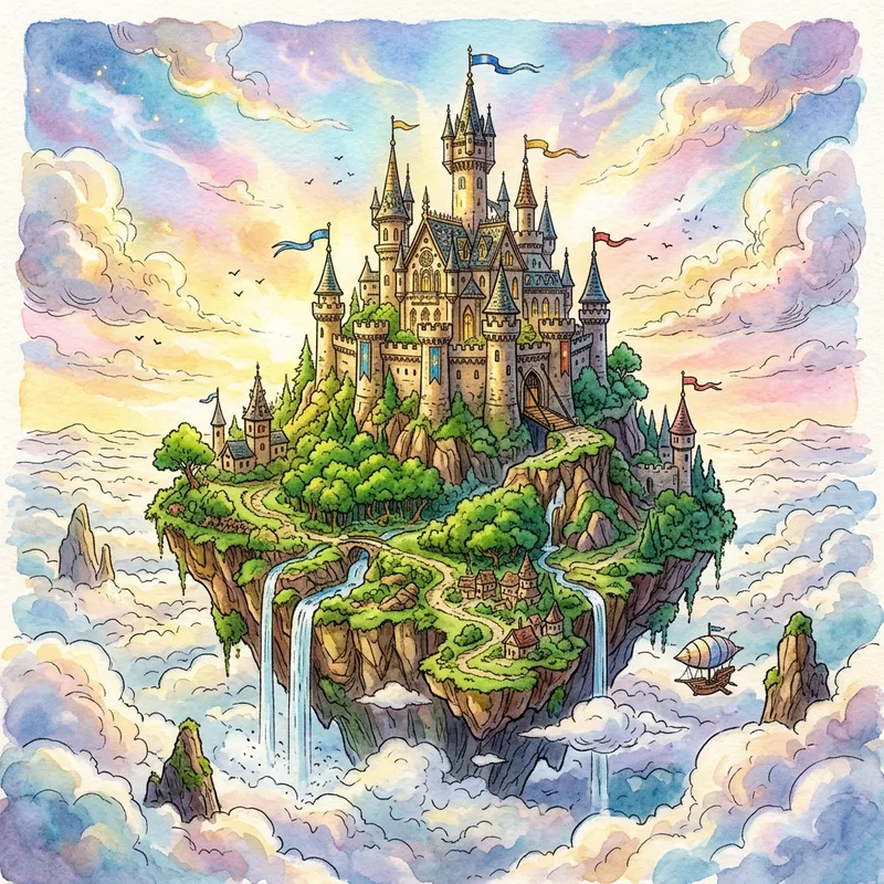 Whimsical Floating Island Castle Illustration
