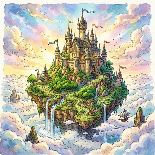 Whimsical Floating Island Castle Illustration