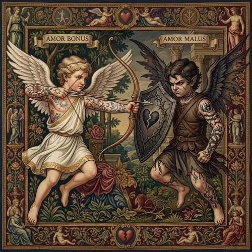 Cupid's Clash: Love vs. Malevolence in Dramatic Visual Narrative