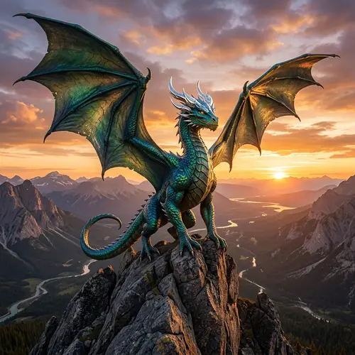 Majestic Dragon in Emerald and Sapphire | Ancient Mountain Peak