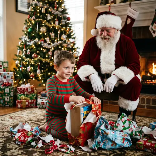 Excited Young Boy Opening Christmas Gift with Generous Nicholas