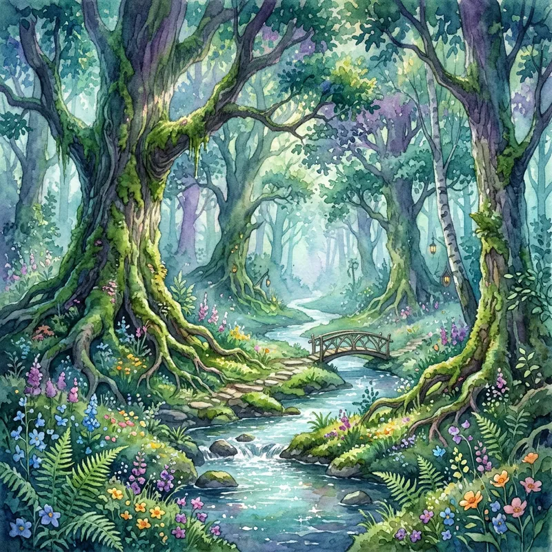 Enchanting Elven Forest Watercolor Scene