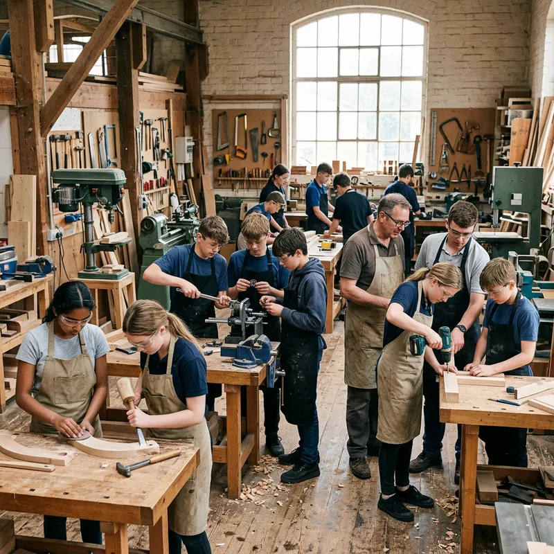 Group of 14-Year-Old Apprentice Boys and Girls in Workshop | Learning Skills Group of 14-Year-Old Apprentice Boys and Girls in Workshop | Learning Skills
