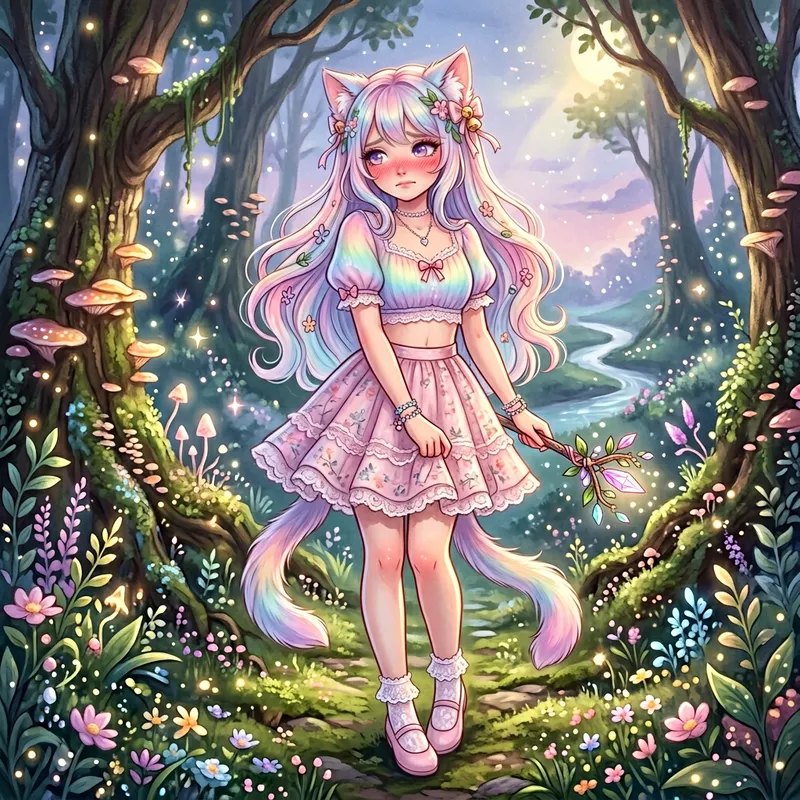 Shy Cat Girl with Pastel Rainbow Hair